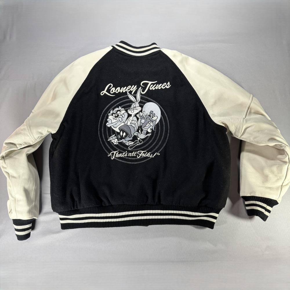 Looney Tunes Warner Bros Vintage Varsity Jacket Mens XL Wool Leather Black Cream
